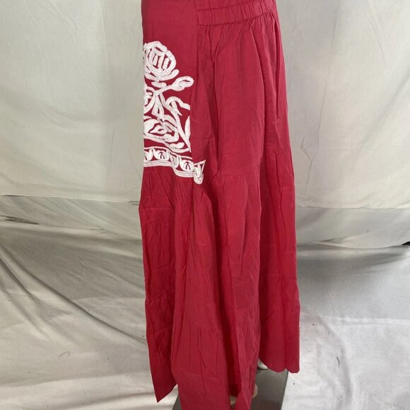 NEW CHAKERIS Floral Embroidered Midi Skirt Red/White Size L Full A-Line Skir - Picture 6 of 10